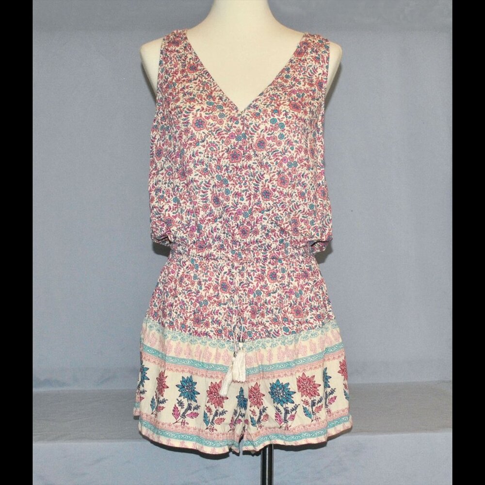 American Eagle Outfitters Floral Print Sleeveless Romper in Pink, Teal, Cream